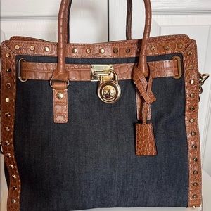 AUTHENTIC MICHAEL KORS HAMILTON TOTE BLUE DENIM WITH LEATHER CROC TRIM